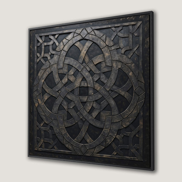 Framed Wall Art: Geometric Celtic knot design in black and bronze. Modern, textured canvas print perfect for adding a touch of sophistication to any space.