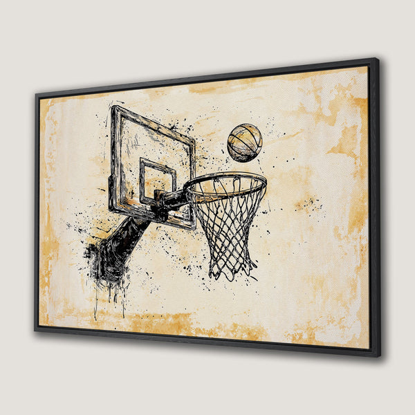 Framed Wall Art: Basketball hoop sketch on canvas. Black and gold abstract art, perfect for sports fans. Add a touch of art to your space!