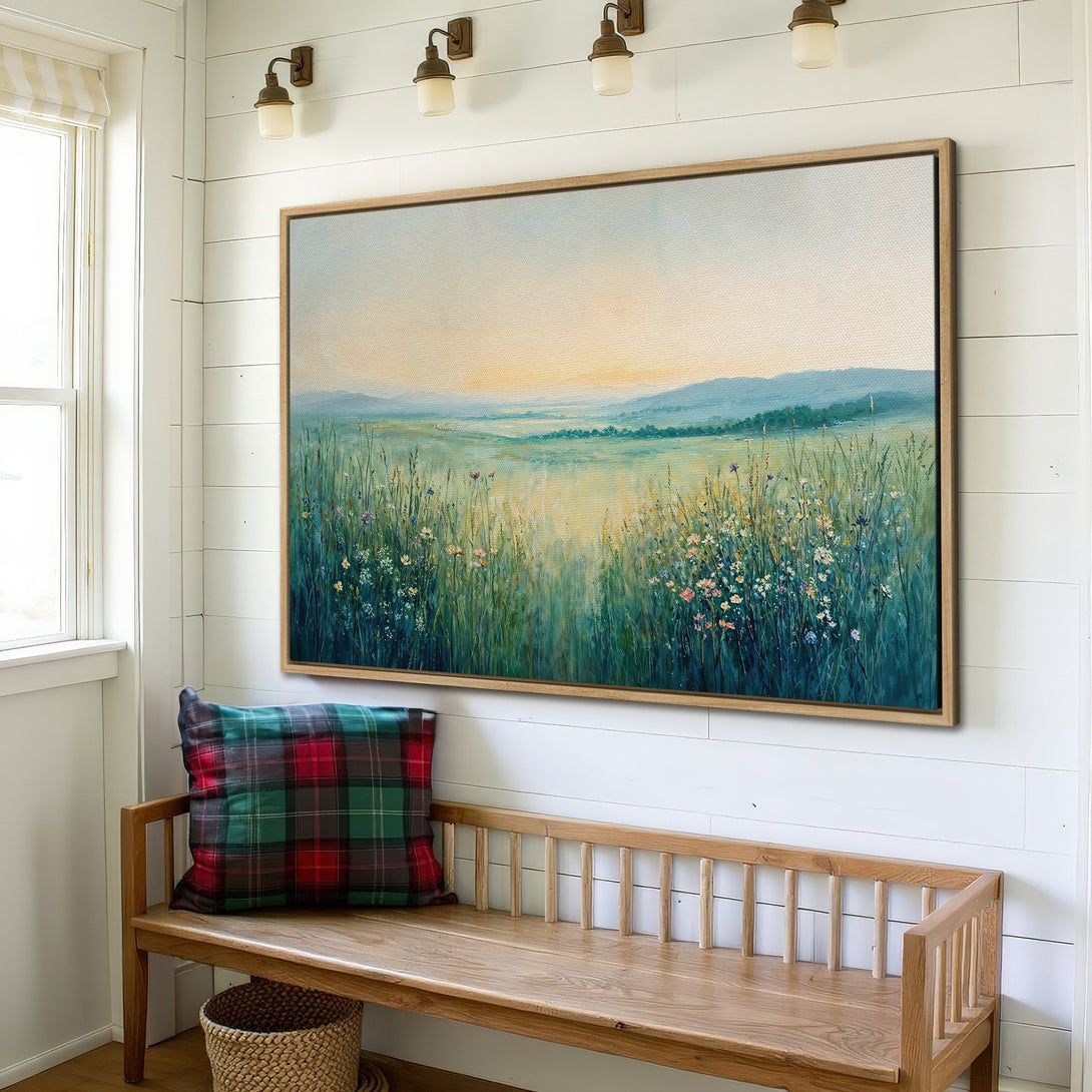 Framed Wall Art: Landscape Canvas Print with a serene field scene in blue, green, and yellow tones, perfect for adding a touch of nature to your home decor.
