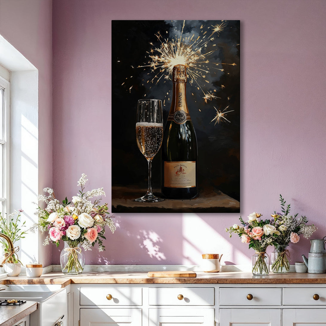 Framed Wall Art: Champagne bottle with sparklers. Modern style, dark and gold color palette. Perfect for living room decor.