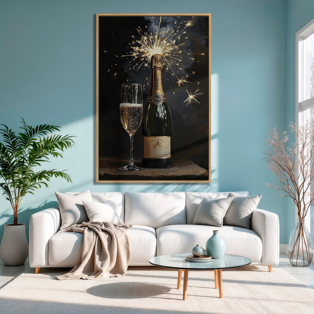 Framed Wall Art: Champagne bottle with sparklers. Elegant painting in a dark, moody style with gold, black, and teal color palette. Perfect for home decor.