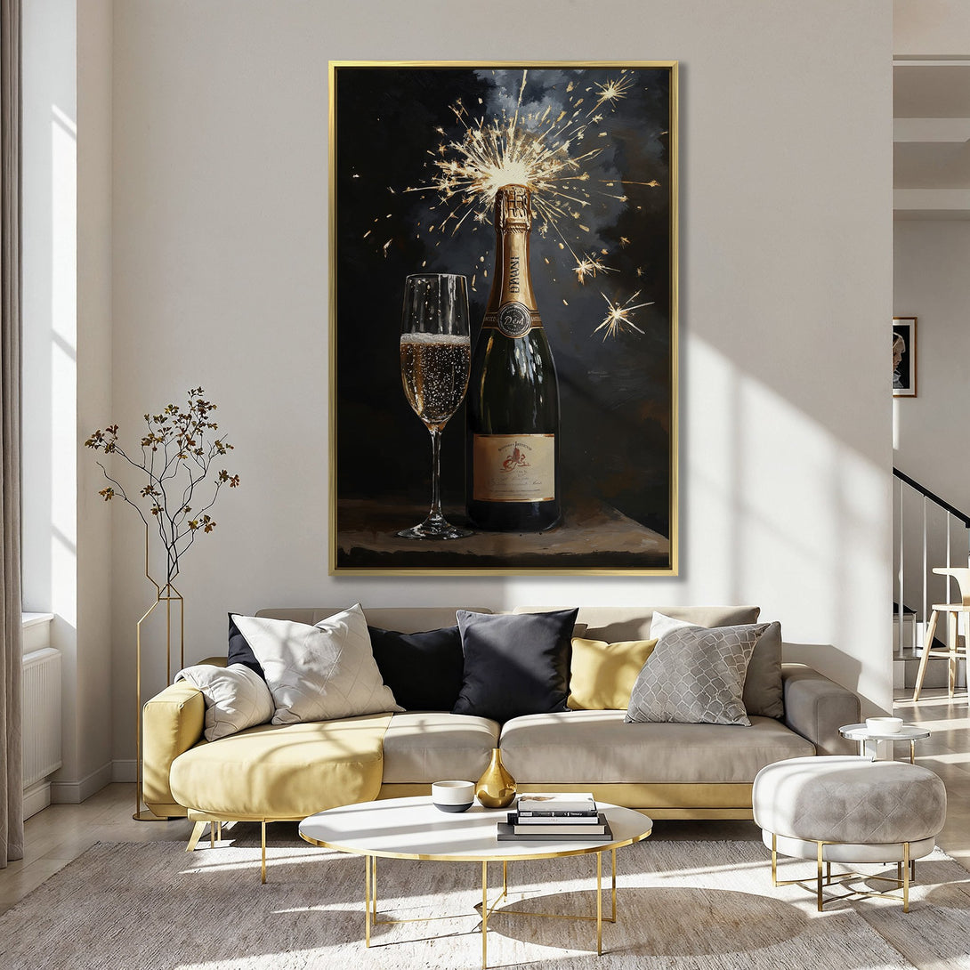 Canvas Print of champagne bottle with sparklers, in a kitchen setting. Romantic art with a dark, gold, and pink color palette.