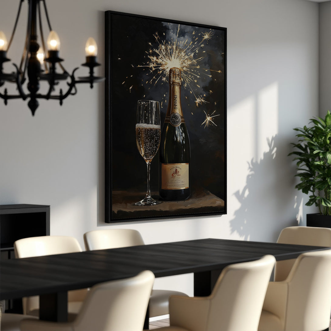 Framed Wall Art: Champagne bottle with sparklers in a dining room setting. Dark, moody palette with gold accents. Perfect for adding elegance to your space.
