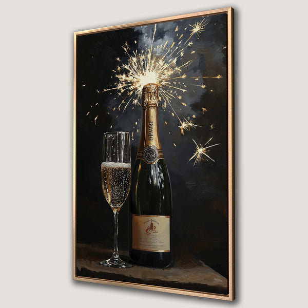 Framed Wall Art: Champagne bottle with sparkler, elegant still life painting in gold and black. Perfect for celebrating!