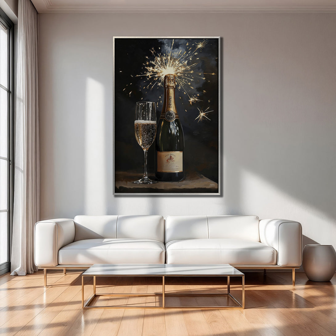 Framed Wall Art: Champagne bottle with sparklers, elegant painting in a modern interior. Warm gold, black, and white color palette. Perfect for a celebratory vibe.