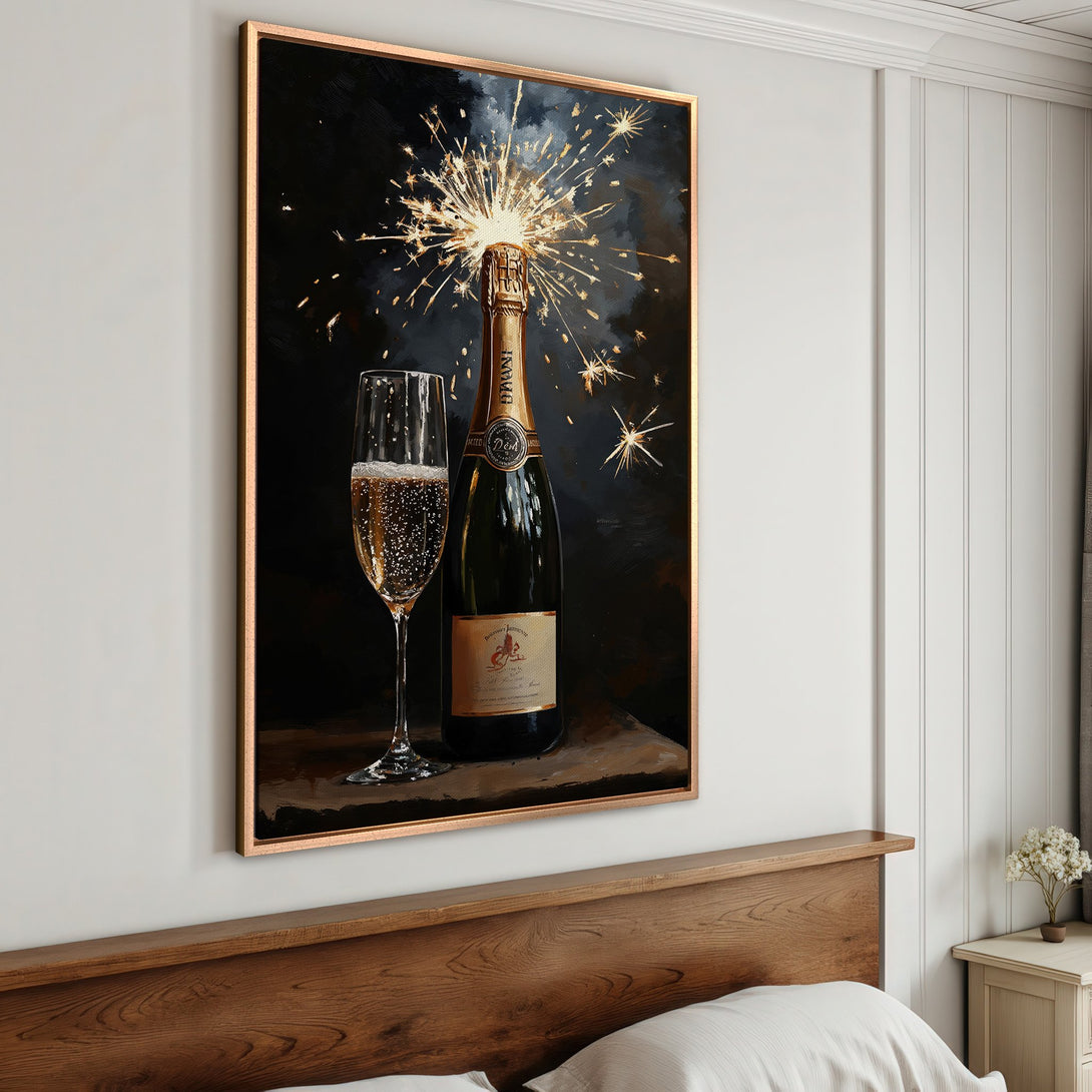 Framed Wall Art featuring a champagne bottle with sparklers and a glass, in a dramatic, dark, and gold color palette. Perfect for elegant home decor.
