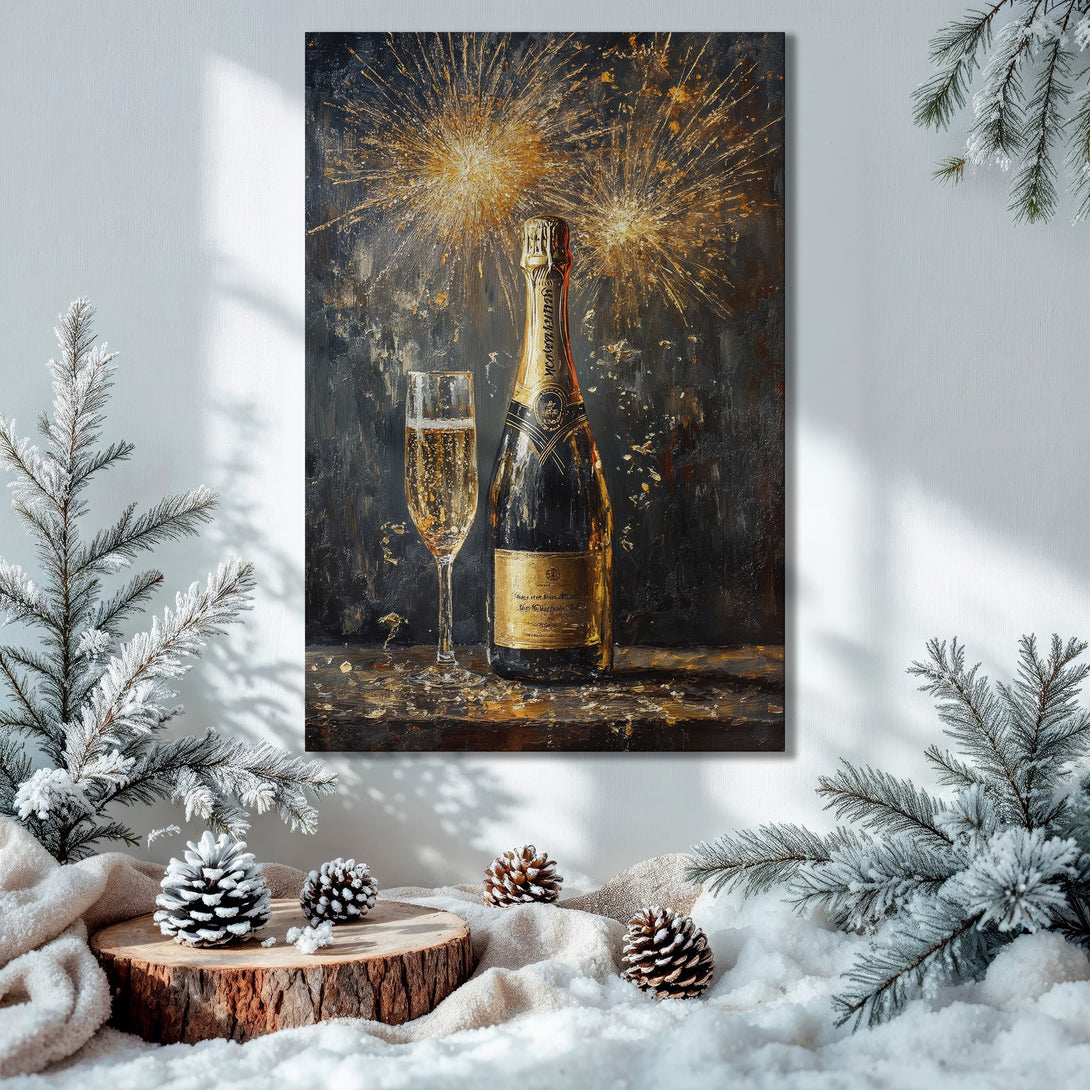 Framed Wall Art: Champagne bottle and fireworks painting in gold and black, perfect for holiday decor. Luxurious canvas print for your home.