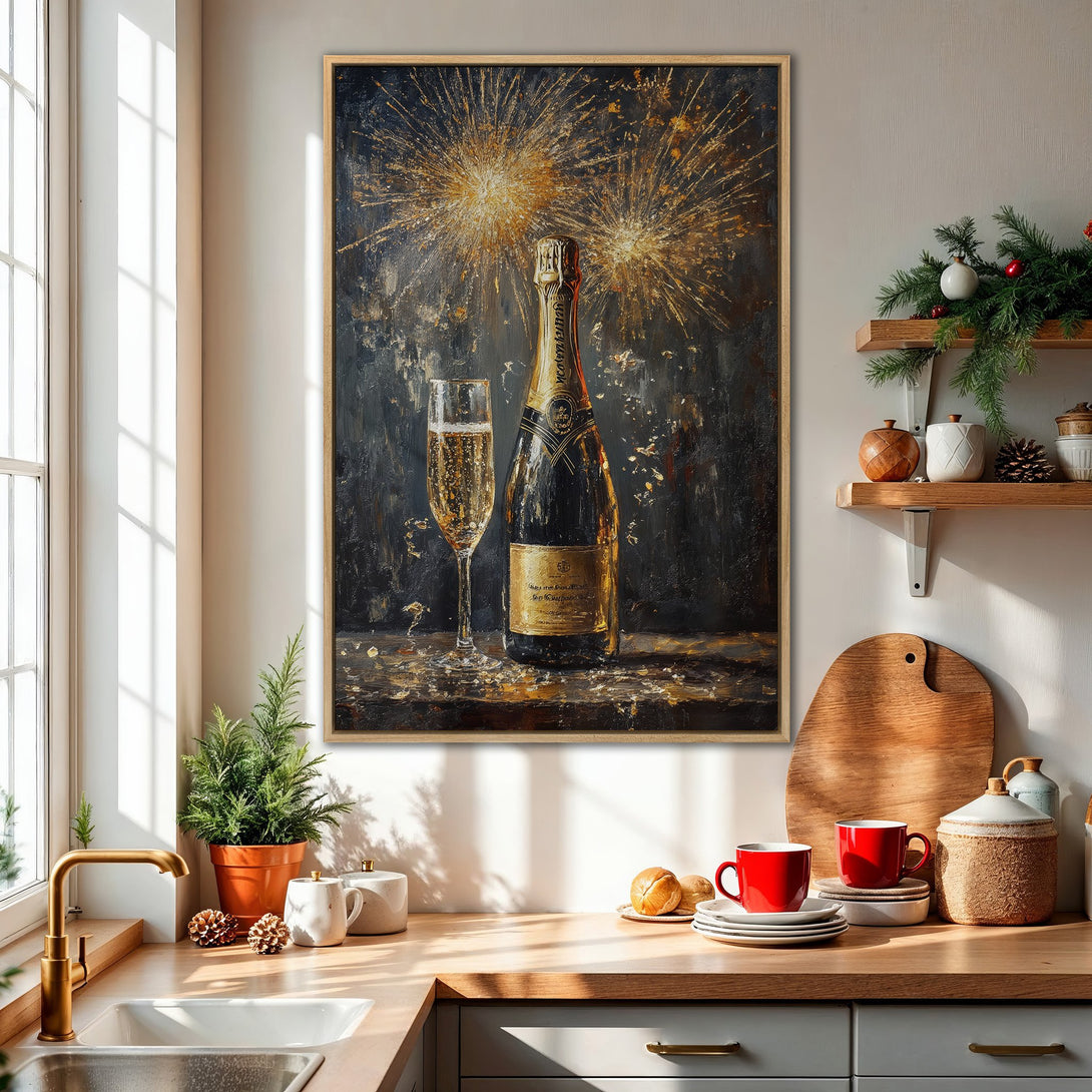 Framed Wall Art: Champagne bottle painting in a kitchen. Dark, moody artwork with gold and black tones, perfect for adding a touch of luxury.