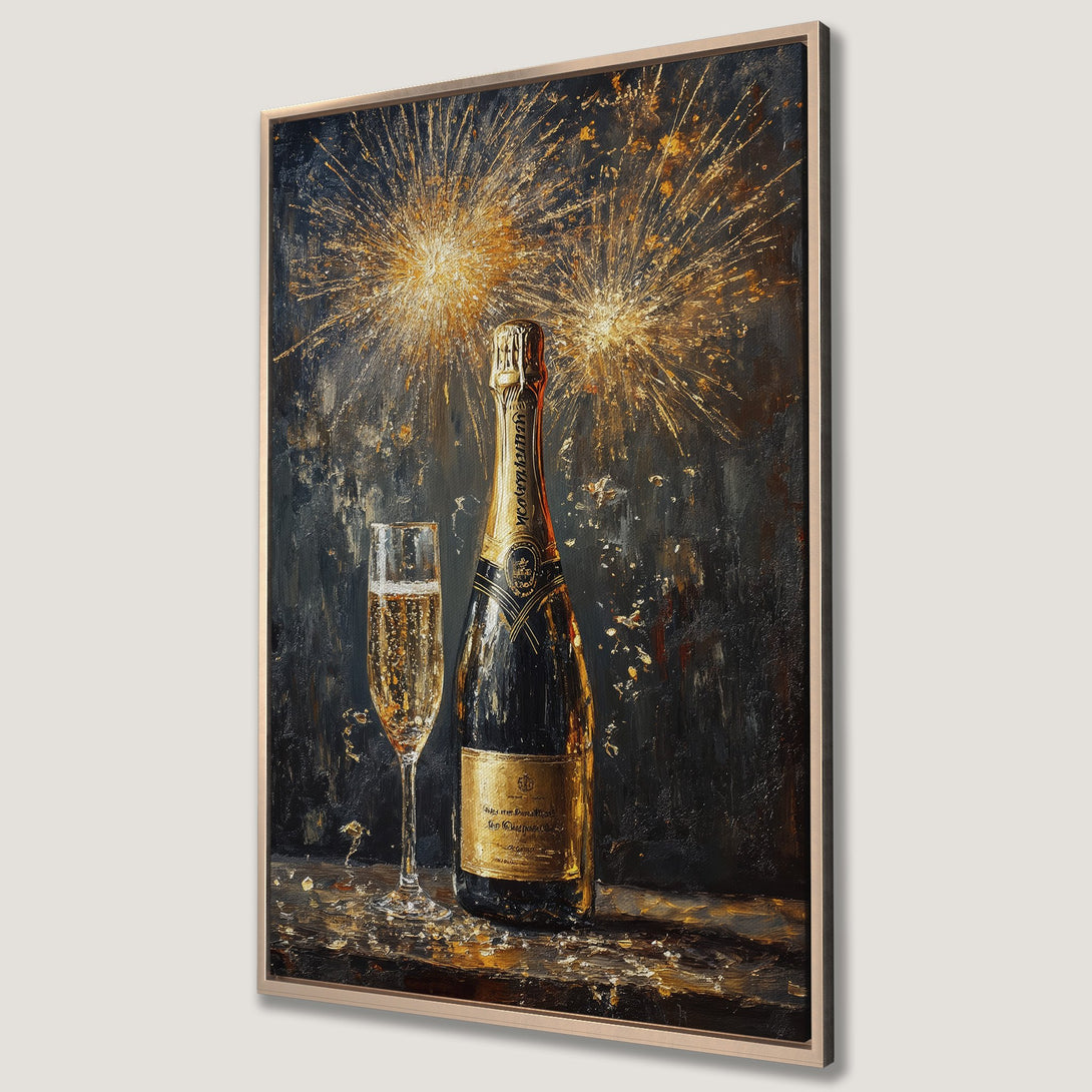 Framed Wall Art: Champagne bottle and glass painting with fireworks. Dark, dramatic color palette with gold accents. Perfect for luxury home decor.