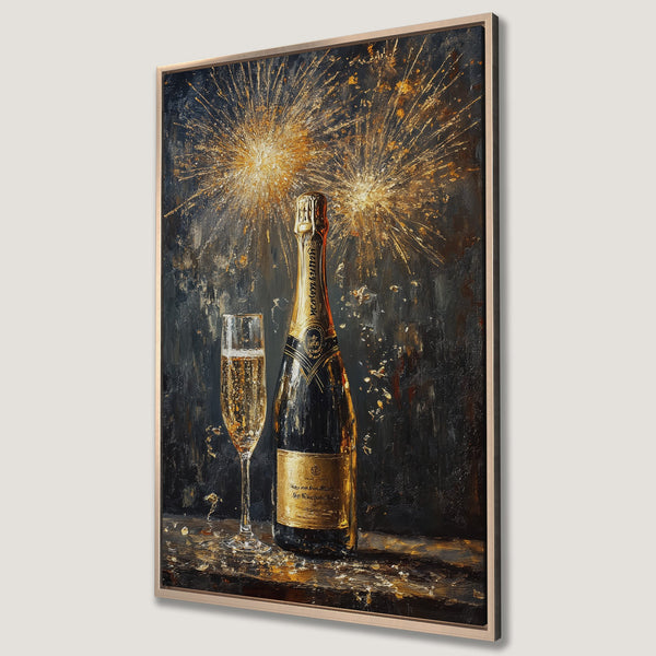 Framed Wall Art: Champagne bottle and glass painting with fireworks. Dark, dramatic color palette with gold accents. Perfect for luxury home decor.