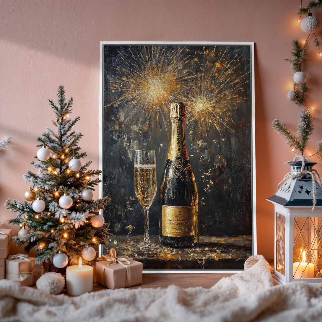 Framed Wall Art: Champagne bottle painting in gold and black. Elegant, festive decor for your home. Perfect for a touch of luxury.