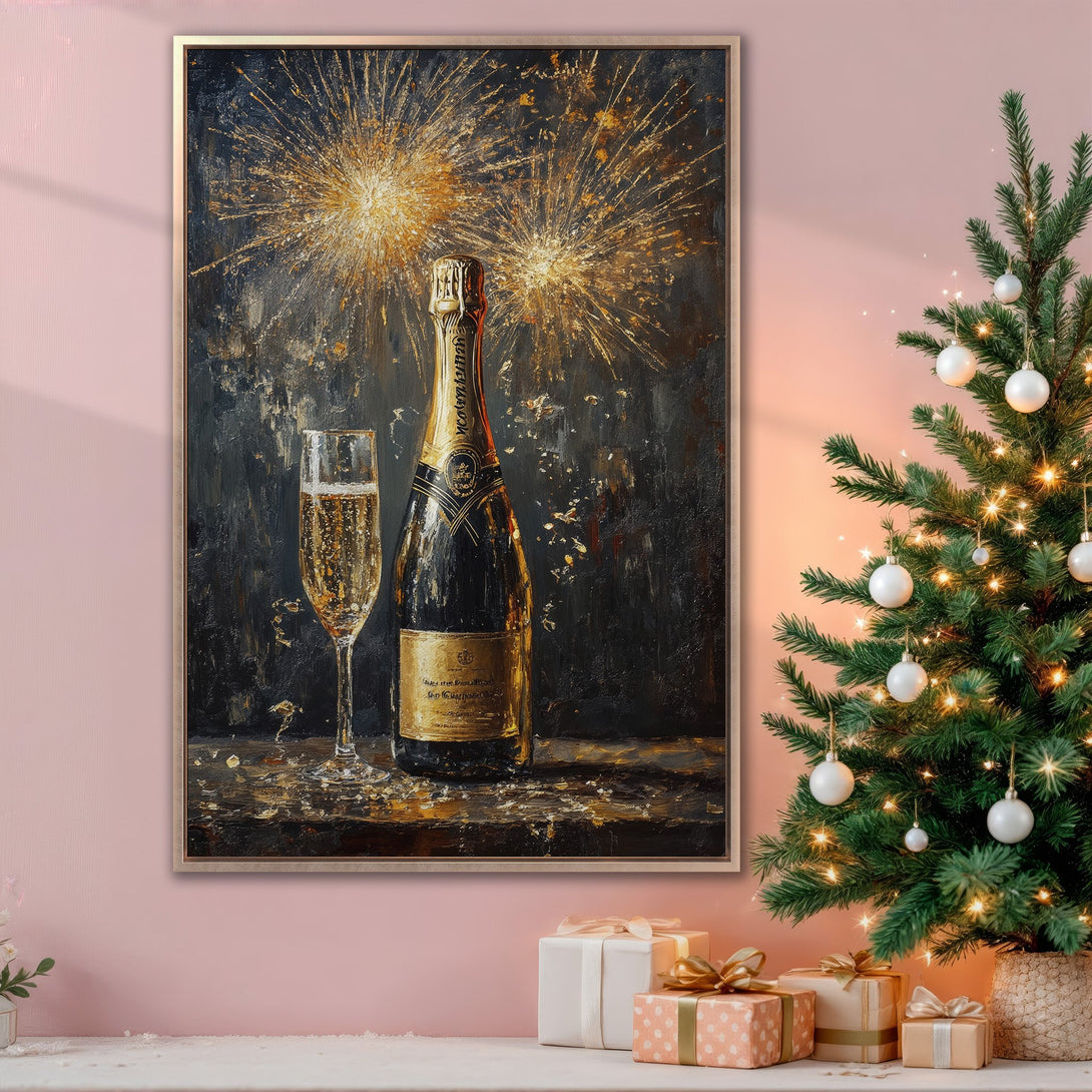 Framed Wall Art: Champagne bottle & glass painting with gold accents. Festive artwork in a dark, moody style. Perfect for holiday decor.