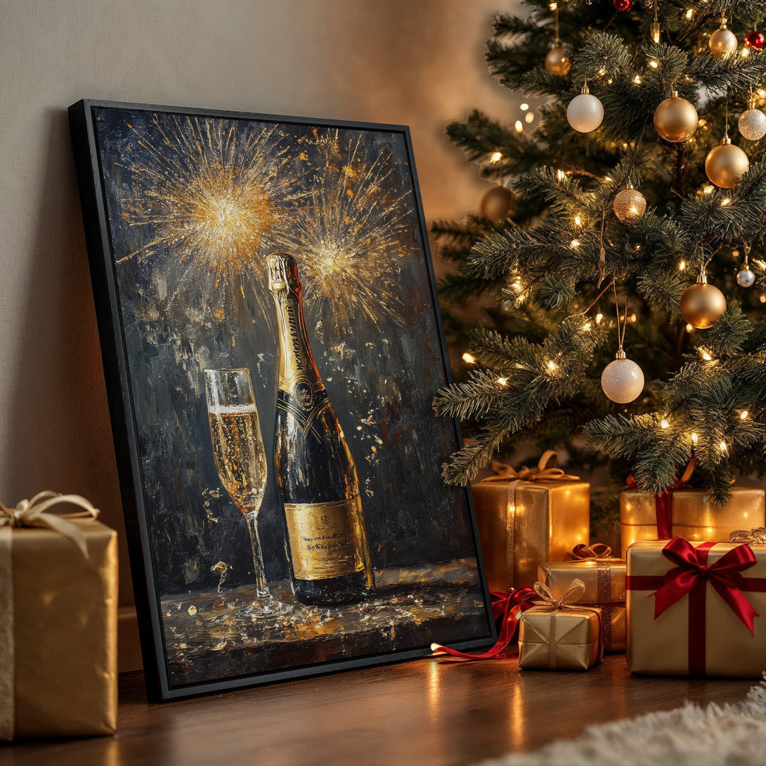 Framed Wall Art of champagne bottle and glass, gold and black palette, perfect for holiday decor. Adds a touch of luxury to any space.