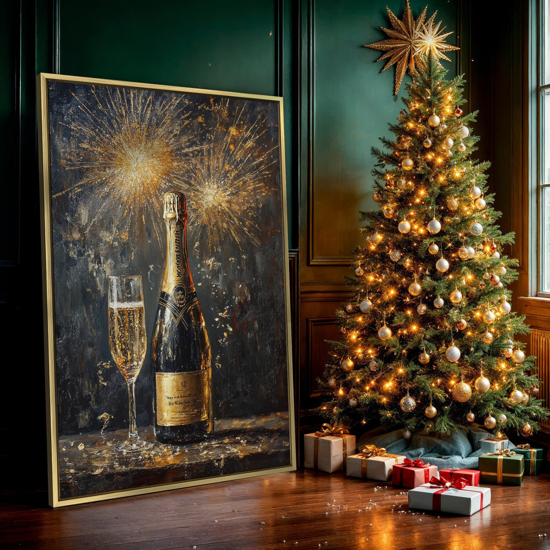 Canvas Print featuring champagne bottle and fireworks art, dark and gold color palette, perfect for holiday decor.