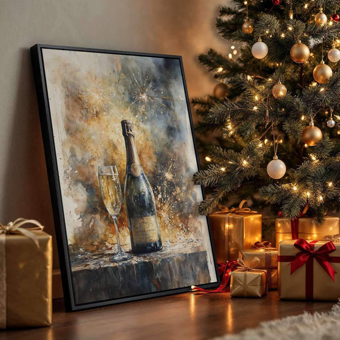 Framed Wall Art: Watercolor champagne bottle and glass print in warm, festive tones. Perfect holiday decor, adding elegance to any room.