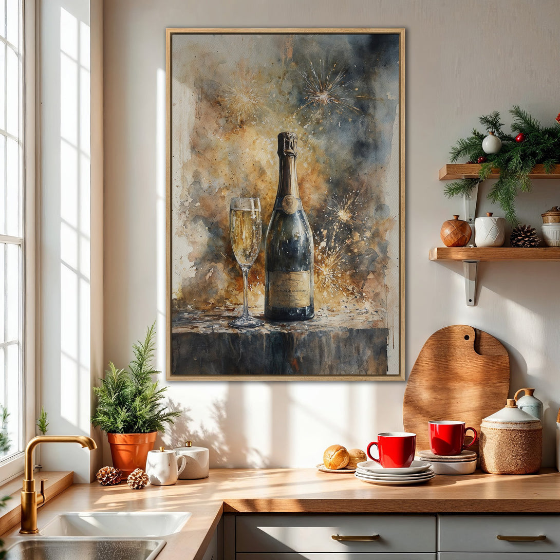 Framed Wall Art: Watercolor champagne bottle and glass. Warm, neutral color palette. Perfect for kitchen or dining room decor. Add elegance to your space!