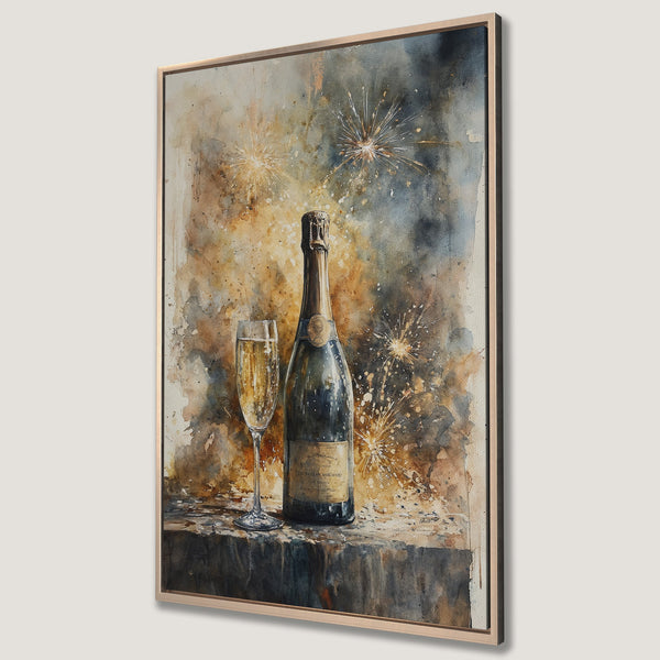 Framed Wall Art: Watercolor champagne bottle & glass with fireworks. Earthy & blue color palette. Perfect for adding elegance to your home decor.