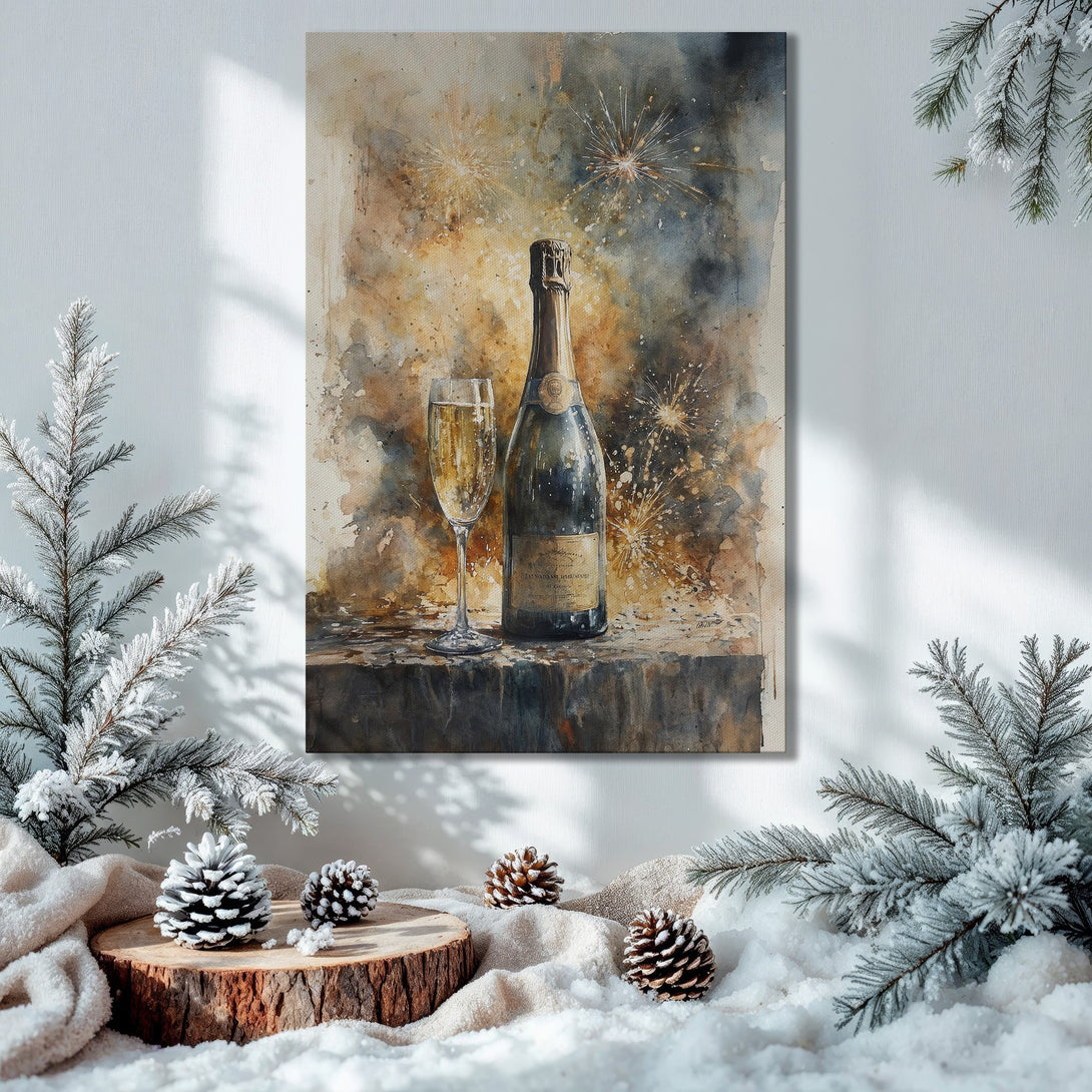 Framed Wall Art: Watercolor champagne bottle & glass. Warm, gold, brown & gray tones. Perfect holiday decor.