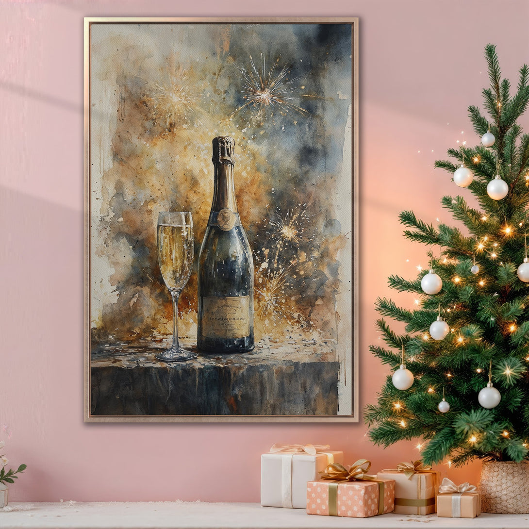 Framed Wall Art: Watercolor painting of champagne bottle and glass, warm gold and brown tones, festive holiday decor.