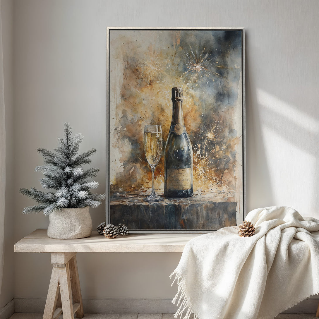 Framed Wall Art: Watercolor painting of champagne bottle and glass. Warm, neutral color palette. Perfect for home decor and holiday gifts.