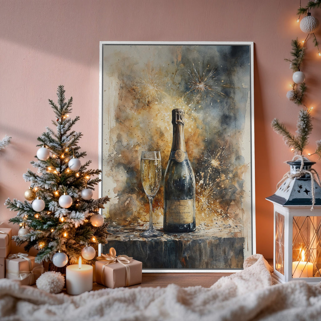 Framed Wall Art: Watercolor painting of champagne bottle & fireworks in warm tones. Perfect holiday decor! Shop our Canvas Print collection today.