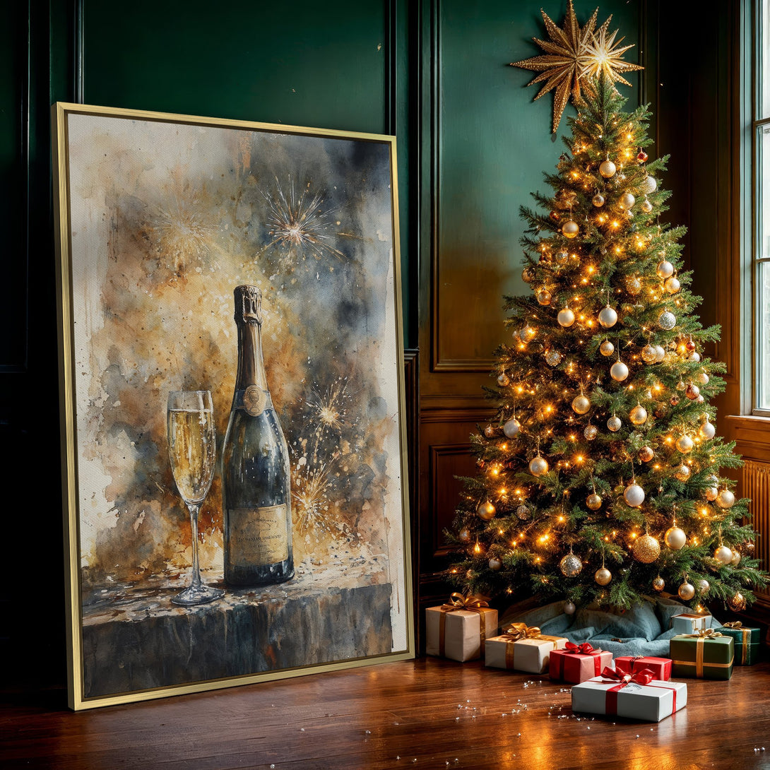 Canvas Print of champagne bottle and glass watercolor art, warm neutral tones, perfect for holiday decor.