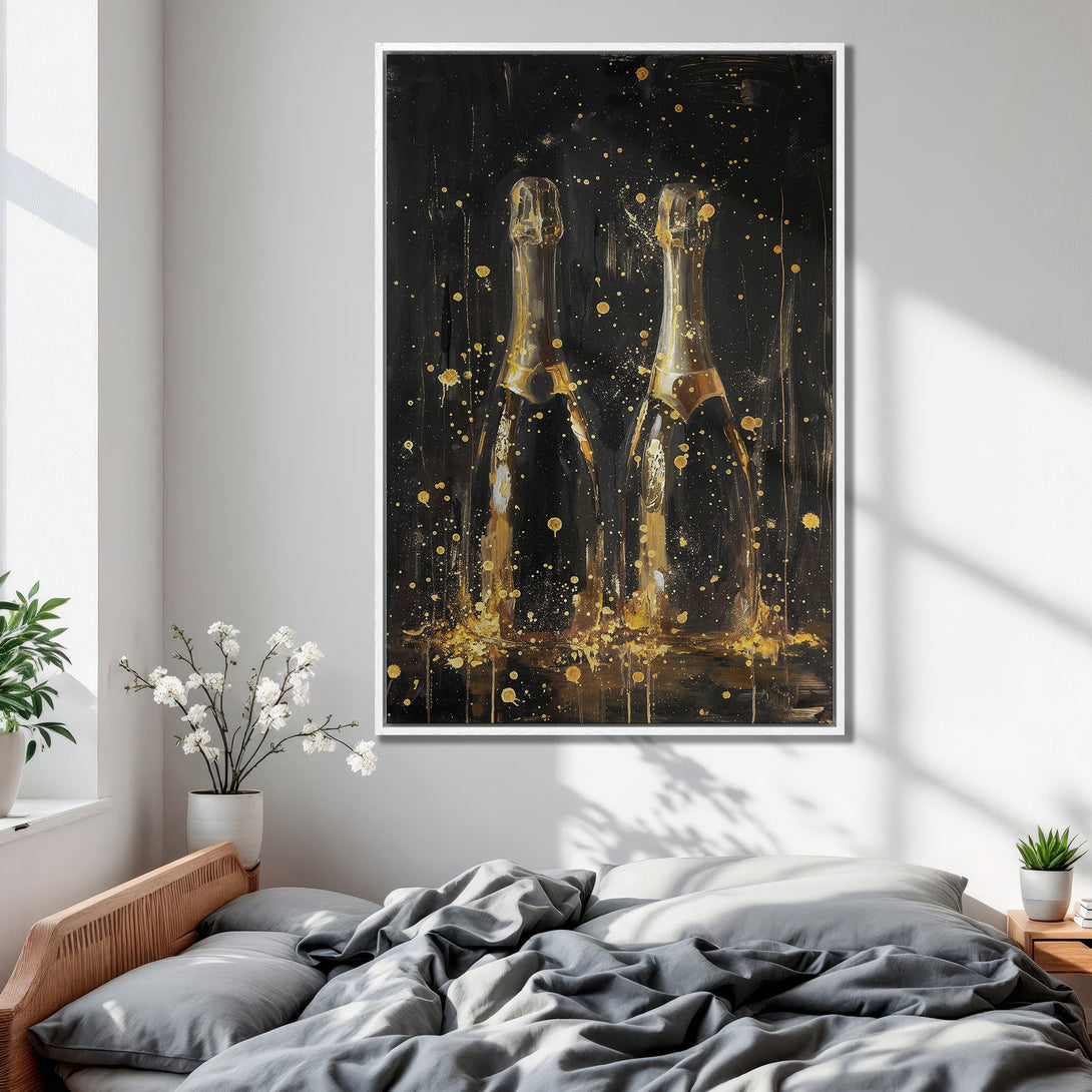 Framed Wall Art: Champagne bottles in gold and black abstract style. Perfect for adding a touch of luxury to your bedroom decor.