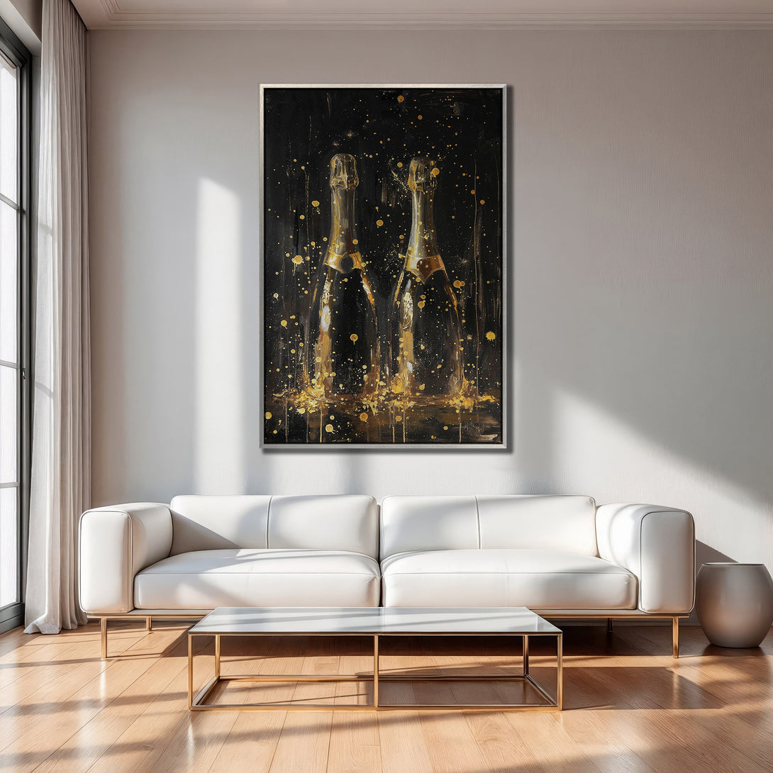 Framed Wall Art: Champagne bottles in gold and black abstract style. Modern canvas print adds luxury to any interior.