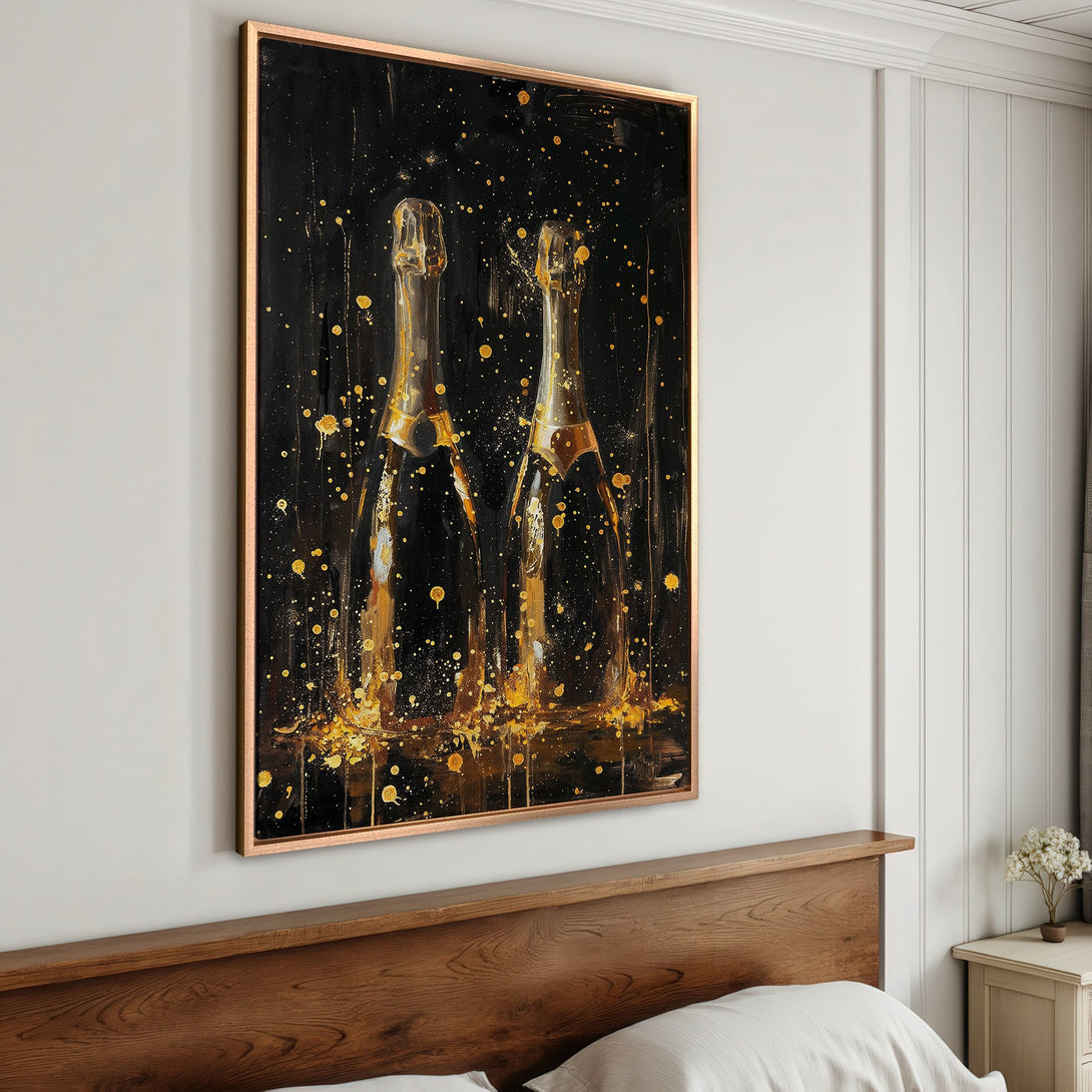 Framed Wall Art: Abstract champagne bottle painting in gold and black. Modern art for a luxurious interior. Add sparkle to your decor!