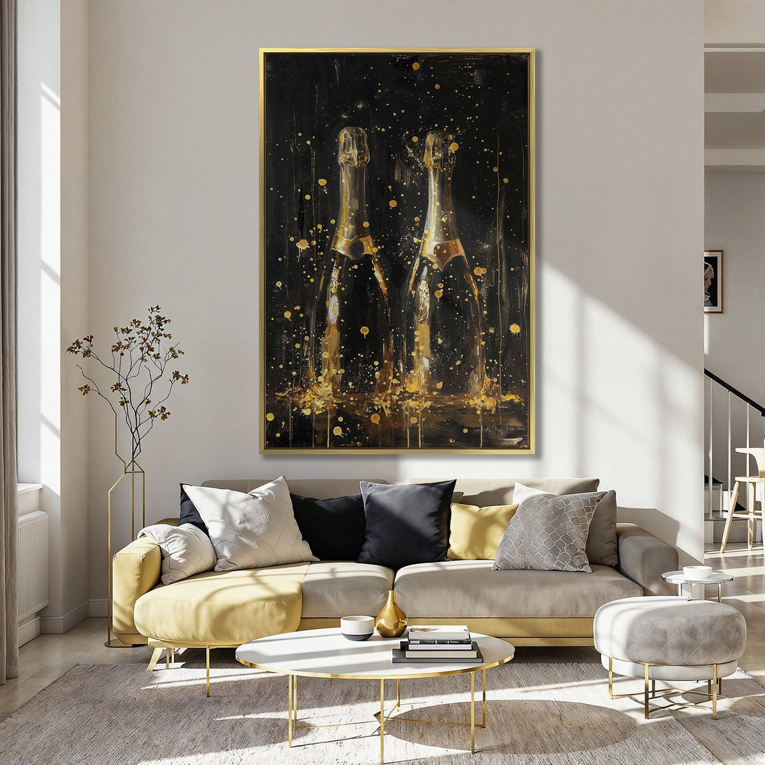 Canvas Print of champagne bottles, gold and black abstract art. Perfect for kitchen decor. Luxurious wall art with a touch of glam.
