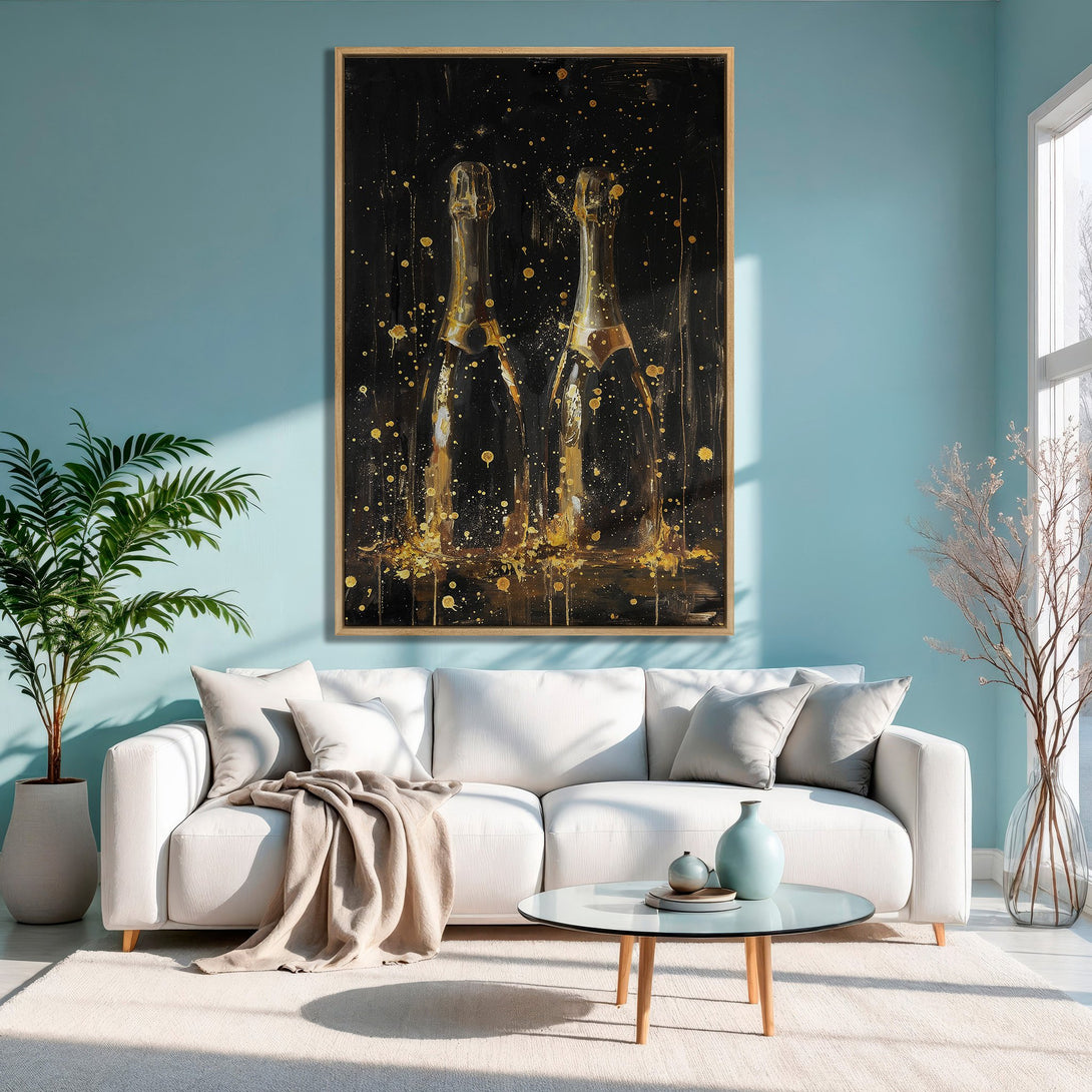 Framed Wall Art: Champagne bottles in gold and black abstract art. Adds a touch of luxury to any room. Modern style, elegant decor.