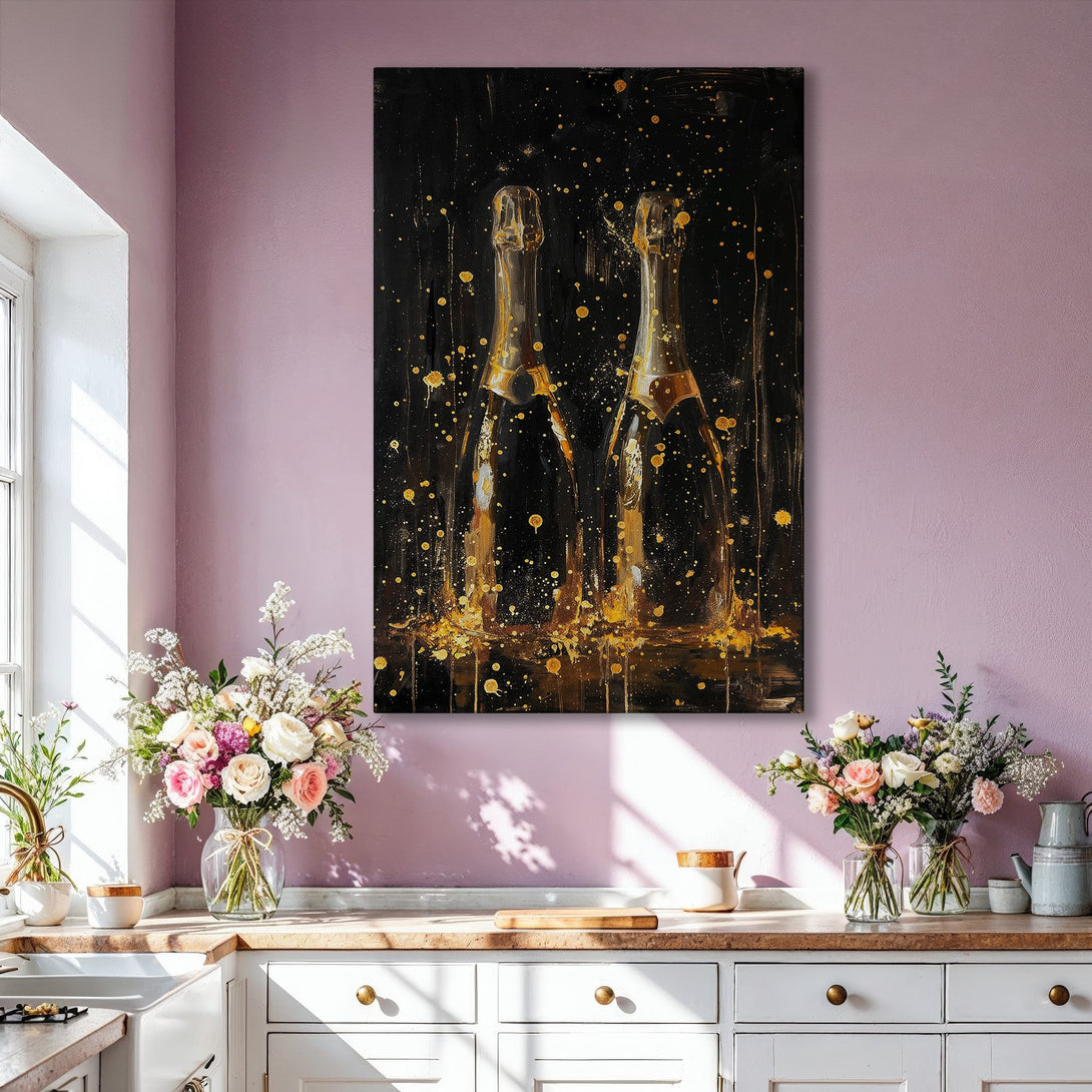 Framed Wall Art: Luxurious champagne bottles abstract art in gold and black. Modern, elegant canvas print for a sophisticated home decor upgrade.