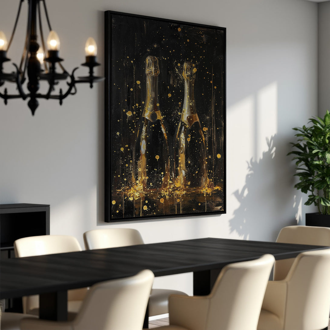 Framed Wall Art featuring champagne bottles in gold on a black background. Modern abstract style, perfect for dining rooms.