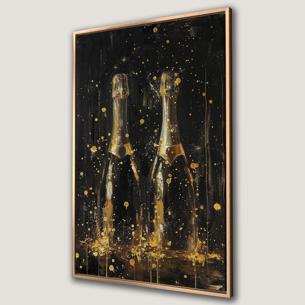 Framed Wall Art featuring abstract champagne bottles in gold and black. Modern, luxurious artwork perfect for home decor and adding a touch of elegance.