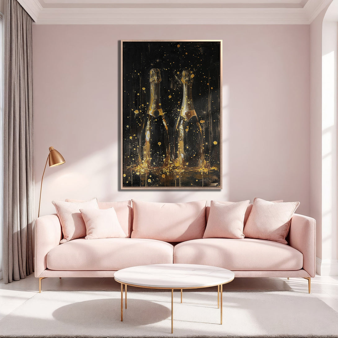 Framed Wall Art featuring champagne bottles in a modern, abstract style with a black and gold color palette, perfect for elegant home decor.