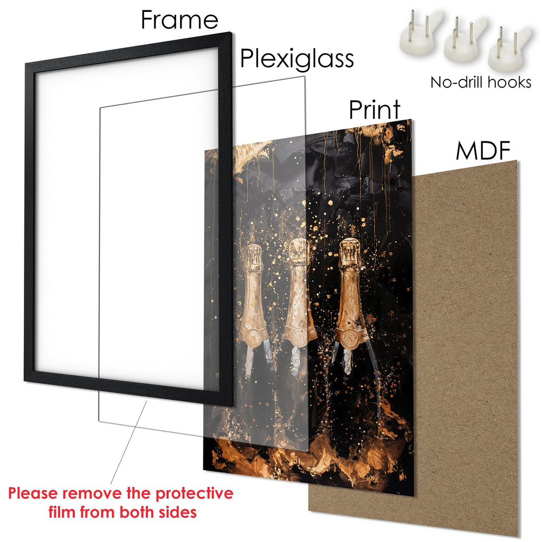 Framed Poster featuring champagne bottles in a modern, abstract style with a black and gold color palette. Ready to hang!