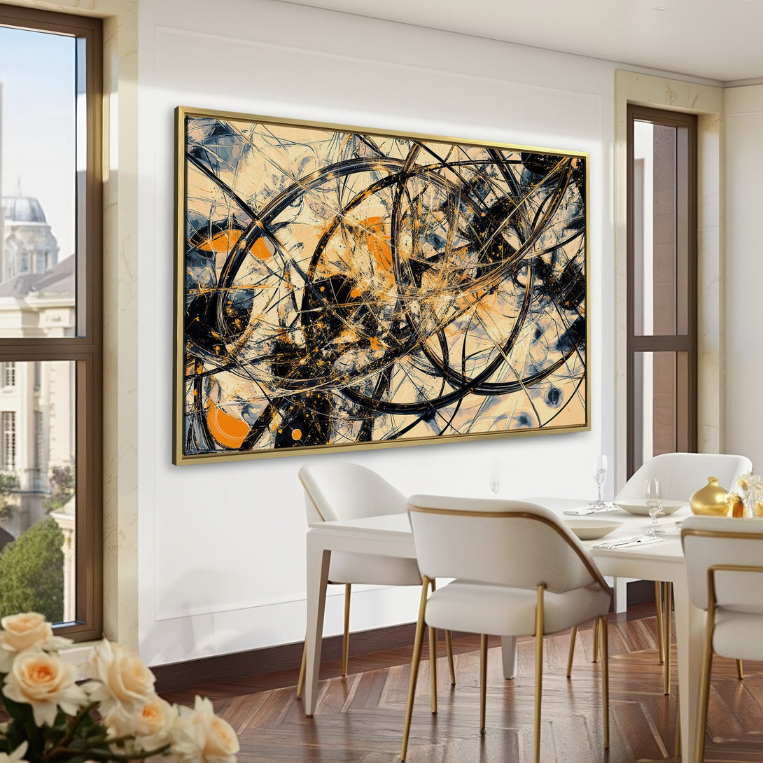 Abstract Canvas Print in a sophisticated interior. Features black, gold, and beige tones. Perfect for modern home decor and office spaces.