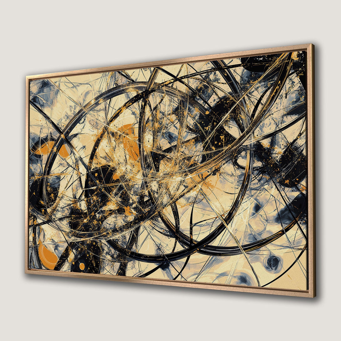 Abstract Canvas Print with black, gold, and beige brushstrokes. Modern framed wall art for a stylish home.