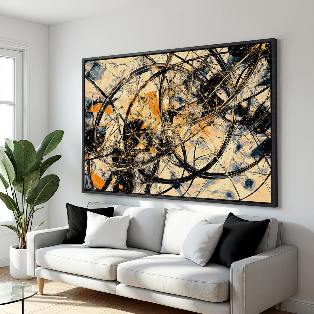 Framed Wall Art: Abstract art canvas print with black, gold, and beige tones. Modern art for living room decor.
