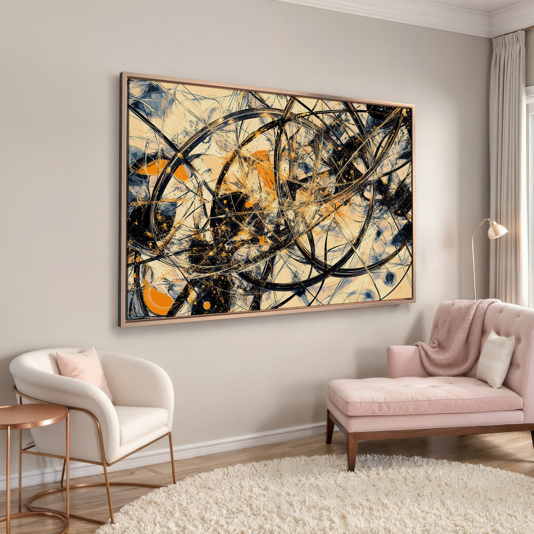 Framed Wall Art: Abstract art Canvas Print in beige, black, and orange tones. Modern art for living room decor.