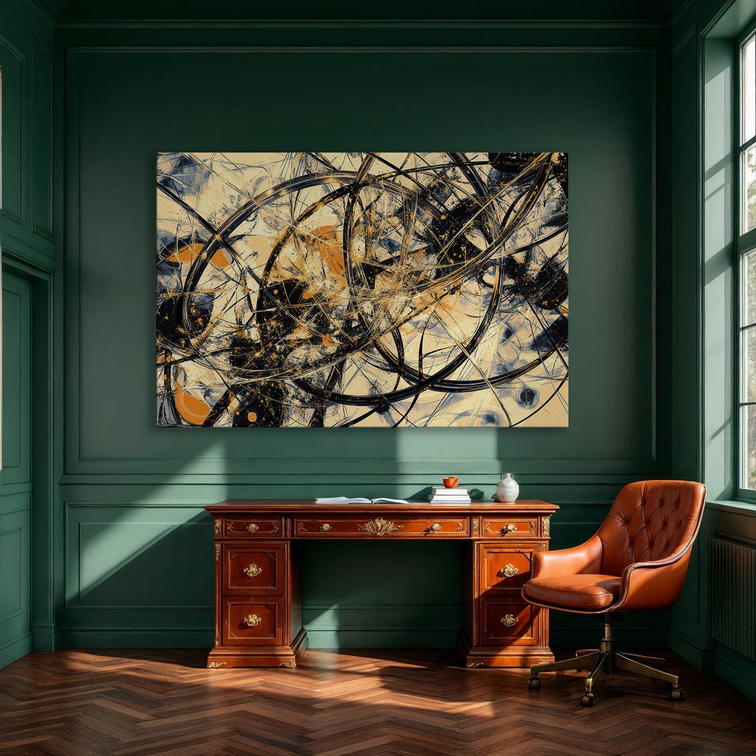 Framed Wall Art: Abstract art Canvas Print in black, orange, and beige. Modern art for dining room decor.