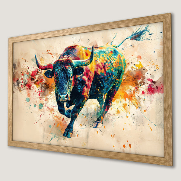 Framed Poster of a colorful bull in an abstract watercolor style. Vibrant blue, orange, and red hues create a dynamic art piece.