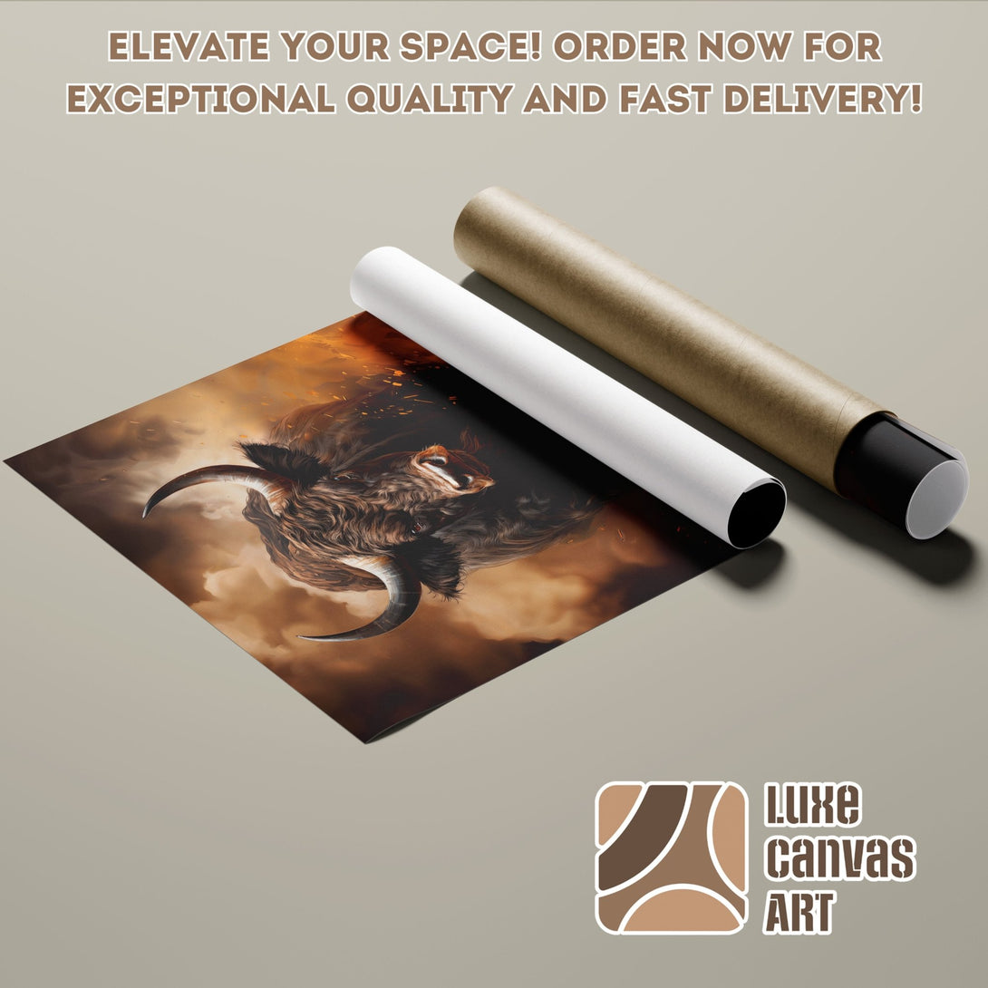 Poster Roll featuring a detailed bull artwork in warm brown and orange tones, perfect for home decor.