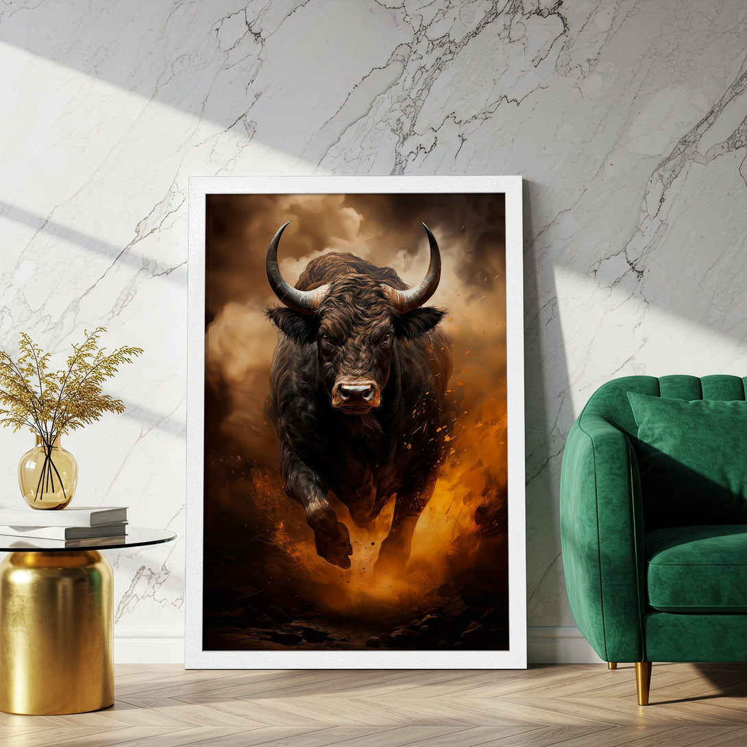 Framed Poster featuring a powerful bull in a dynamic, artistic style with warm, earthy tones. Perfect art for your home!