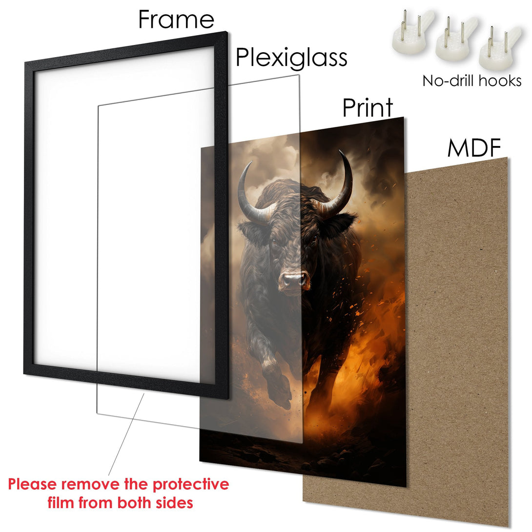 Framed Poster of a powerful bull in fiery tones. Perfect wall art for your home! Get yours today.