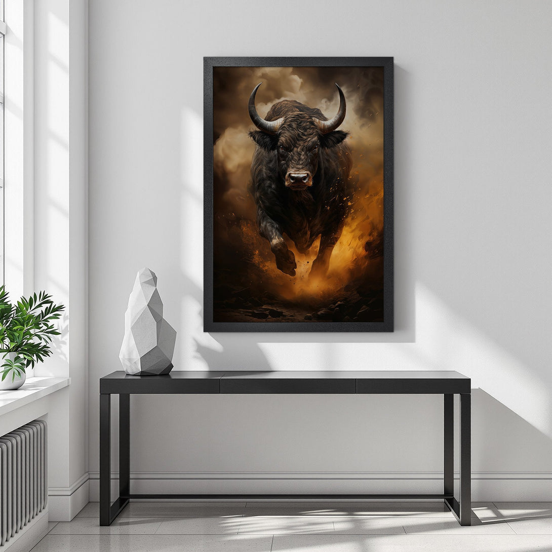 Framed Poster featuring a powerful bull in a dramatic, painterly style with a warm, earthy color palette. Perfect wall art!