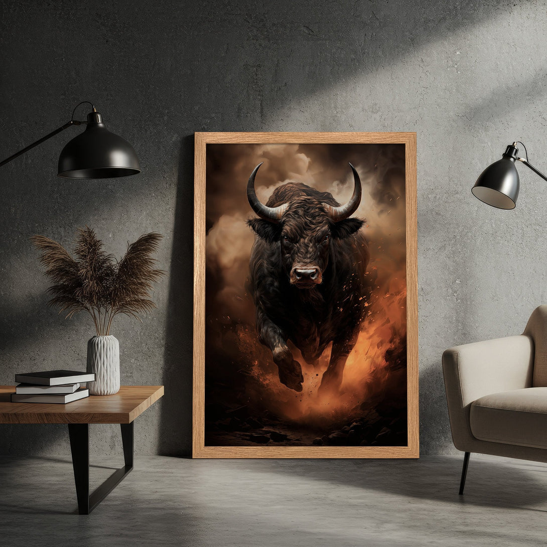 Framed Poster featuring a powerful bull in a dramatic, fiery style. Earthy tones and a bold statement for your wall decor.
