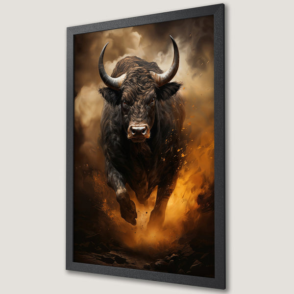 Framed Poster of a powerful bull charging forward. Dramatic art style with a warm brown and orange color palette. Perfect wall art.