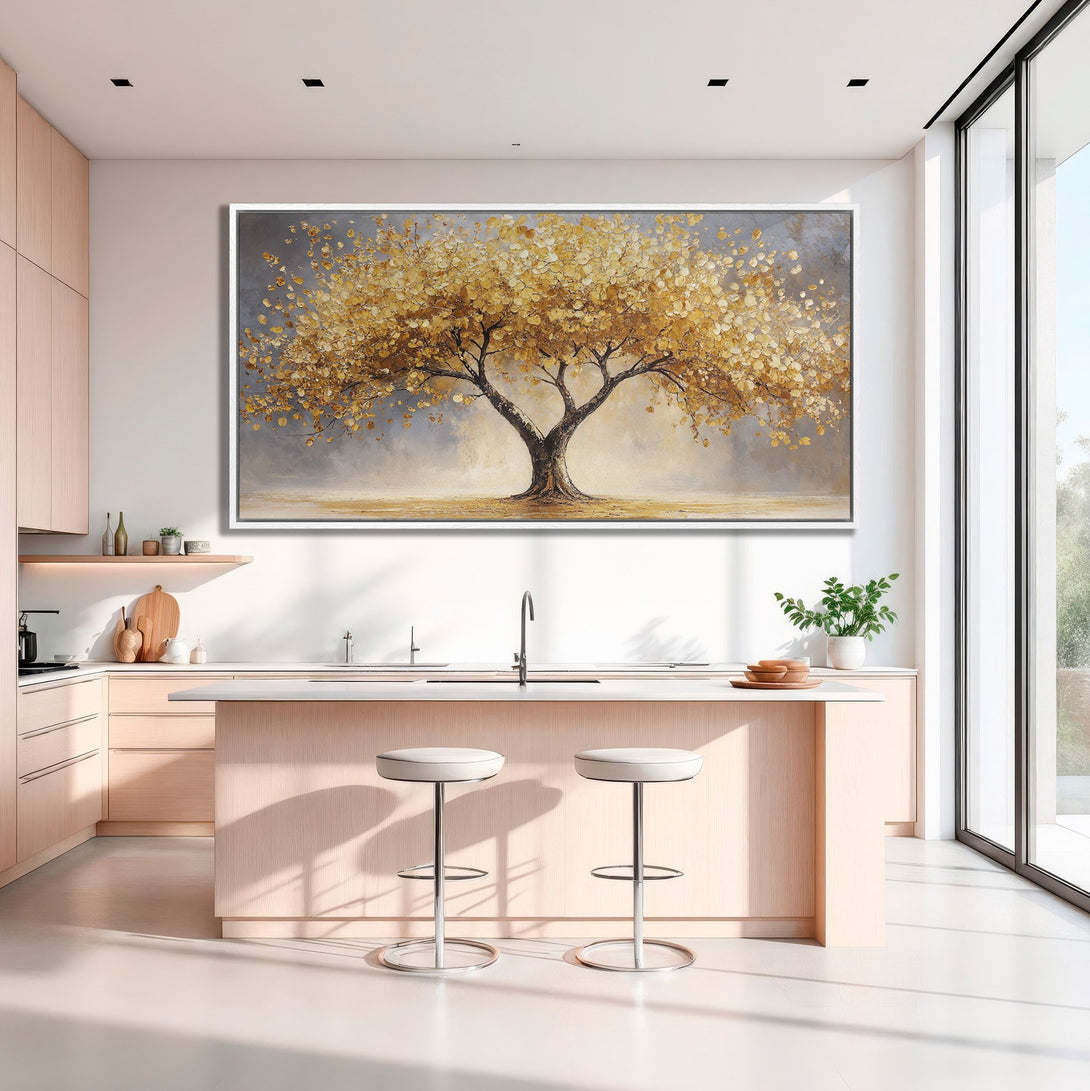 Framed Wall Art: Golden tree painting in a modern kitchen. Neutral color palette with pops of gold, perfect for adding warmth and style to your space.