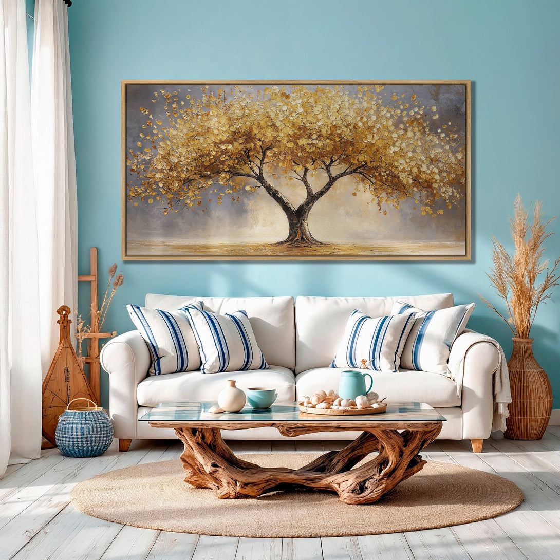Framed Wall Art: Golden tree painting in a serene interior. Warm gold and gray tones create a calming atmosphere. Perfect for living room decor.